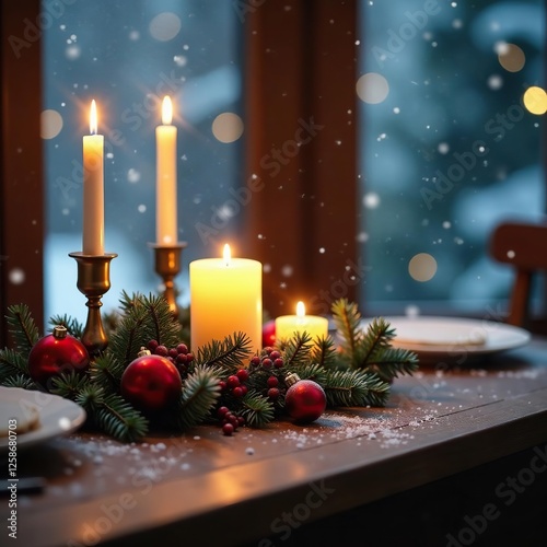 Candles and ornaments create a magical scene on the table, holly, snowy, winter
