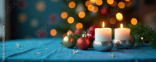 Candles in mercury glass holders on the blue tablecloth, festive decor, decoration, festive