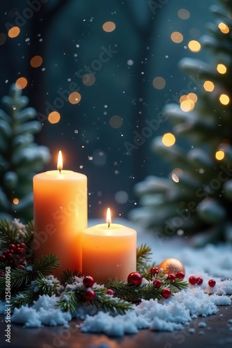 Candles and snowflakes create a whimsical winter wonderland, evergreen trees, cozy atmosphere