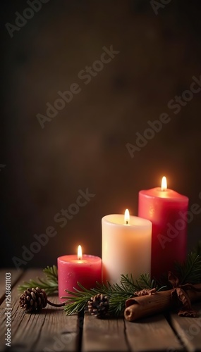 Candles light rustic wooden planks against dark brown background, holiday, dark background