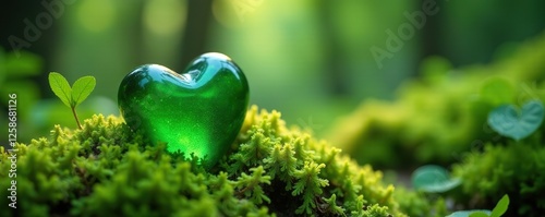 Colorful emerald green heart resting on a bed of soft moss and ferns in a forest environment, lush foliage, nature photography