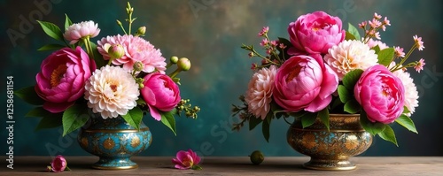 colorful floral arrangement with peonies and hydrangeas in ornate vases, exotic, hydrangeas, nature