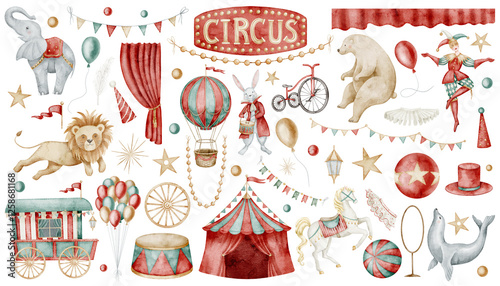 Wallpaper Mural Set of watercolor illustrations with Circus tent, carnival animals and performers. Drawing of bear and lion for Baby shower greeting cards. Art of seal, elephants and balloons for nursery posters. Torontodigital.ca