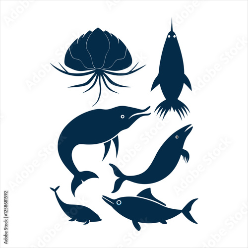 Antarctic Krill Aquatic Animals silhouette vector illustration of a fish on blue background