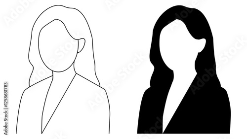 A profile illustration of a woman's silhouette. An outline businesswoman profile illustration. A black and white female avatar picture.