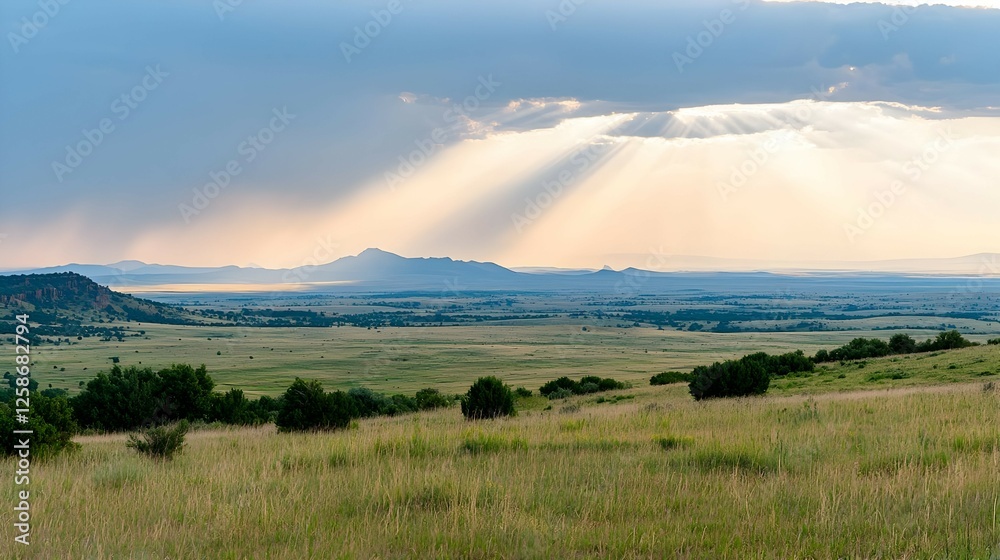 Fototapeta premium Panoramic Landscape at Sunset with Sun Rays