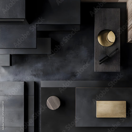 Minimalist dark aesthetic mood board with geometric compositions, textured black surfaces, gold accents. A balance of refined elegance, contrast,  sculptural form in premium, modern interior concept