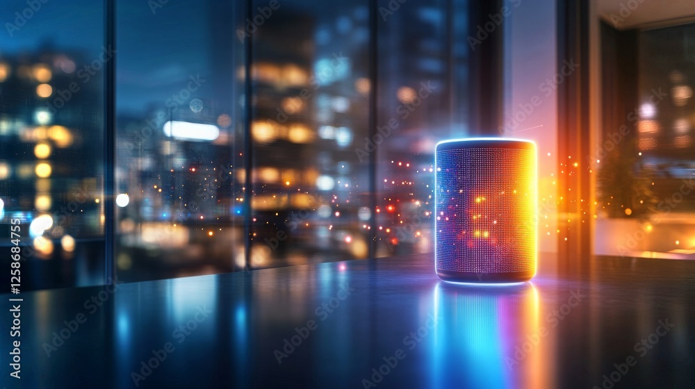 Obraz premium Futuristic smart home with advanced voice-controlled technology illuminated at night