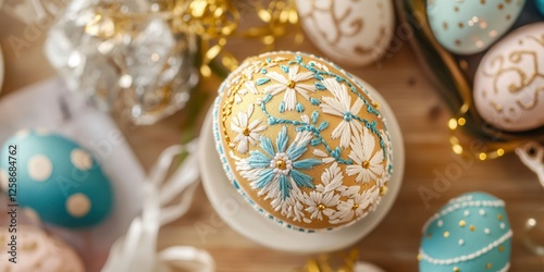 A collection of beautifully decorated eggs featuring intricate gold and blue designs arranged neatly on a table.