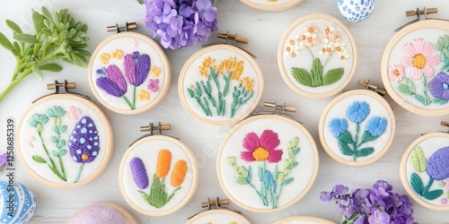 A detailed close-up view showcasing a vibrant array of embroidered flowers elegantly displayed on a textured table surface.