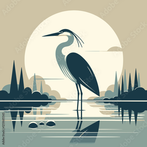 Stylized heron standing in a serene mood with reflection in a modern landscape
