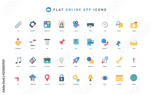 Mobile apps and services for smartphone color icon set. Digital applications for data protection and download, video and music, notification and tools of support flat elements vector illustration