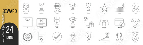 Reward icon set. Containing award, prize, medal, gift, trophy, badge, points, achievement and more. Vector icons collection.