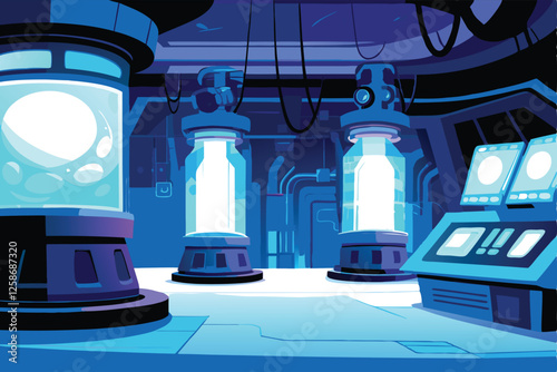 A futuristic alien laboratory interior; sleek metallic surfaces, glowing holographic displays showing complex data, advanced scientific equipment.
