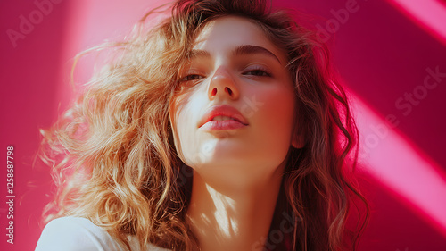 Confident young woman with wavy hair in sunlight against pink background