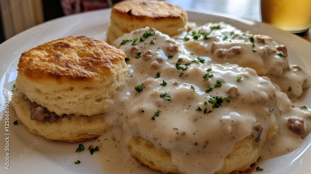 Flaky buttery biscuit smothered in rich, savory gravy for a comforting and classic Southern delight Flaky buttery biscuit smothered in rich, savory gravy for a comforting and classic Southern delight