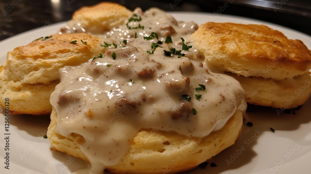Soft buttery biscuit smothered in savory sausage gravy for a rich and comforting breakfast indulgence Soft buttery biscuit smothered in savory sausage gravy for a rich and comforting breakfast indulgence