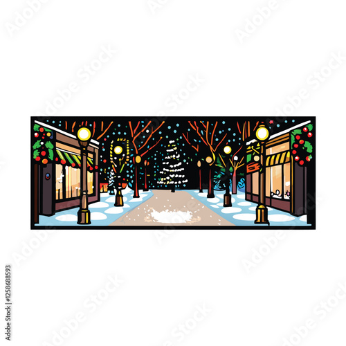 Vibrant holiday lights illuminate a city street, adorned with festive decorations.  Showcase the cheerful ambiance of a nighttime urban holiday scene.