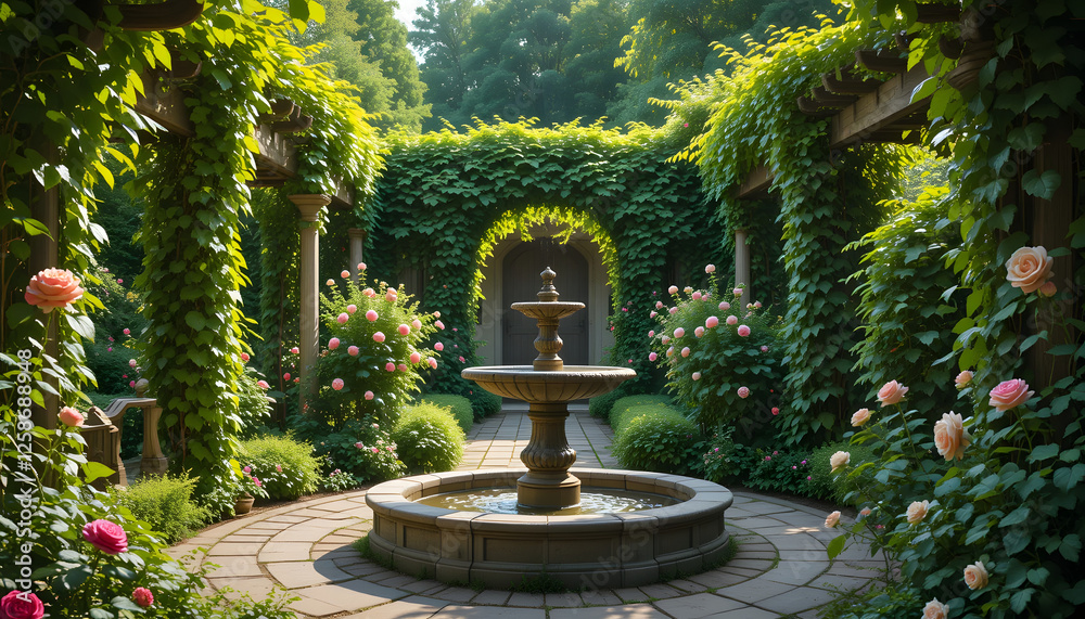 Sunlit Courtyard Garden with Stone Fountain and Roses Sunlit Courtyard Garden with Stone Fountain and Roses