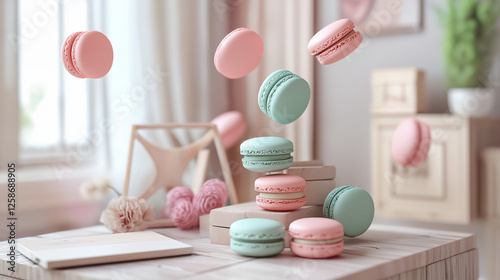 A close-up shot of a stack of pastel-colored macarons in soft pink, lavender, and mint green, placed on a minimalist neutral background. The delicate texture and crisp edges of the macarons are highli photo