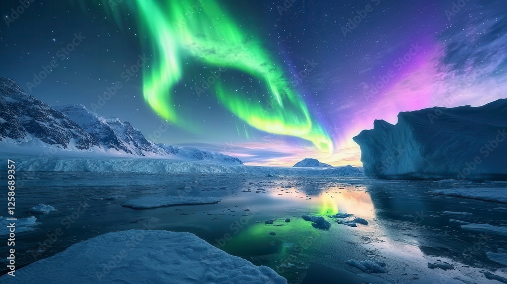 Naklejka premium Aurora Australis Concept. A stunning display of the Northern Lights illuminates a tranquil icy landscape, reflecting vibrant colors on the water's surface.