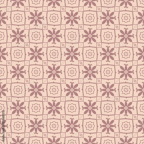 Vector floral seamless pattern with ethnic folk motifs. Simple abstract geometric ornament texture with cute flowers, repeat tiles. Retro vintage style background. Pink and beige repeated geo design
