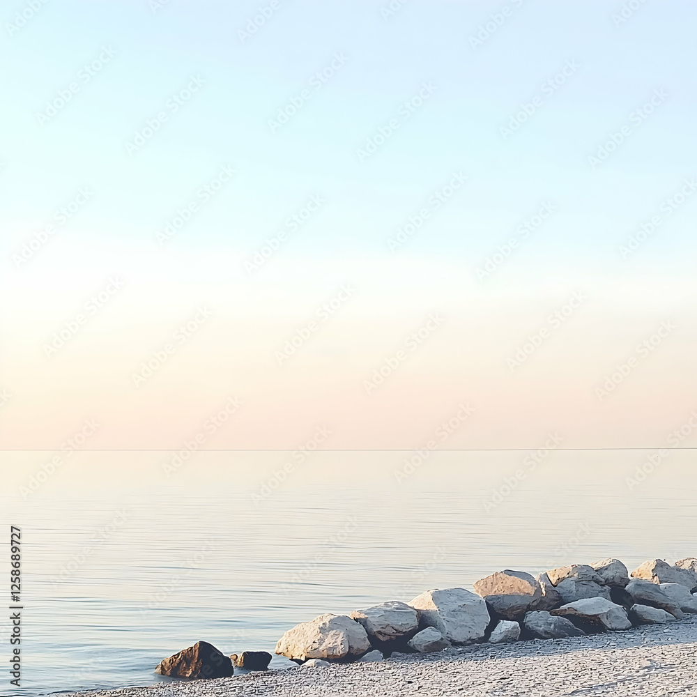 Serene coastal rocks at sunset, calm sea background, ideal for travel brochures Serene coastal rocks at sunset, calm sea background, ideal for travel brochures