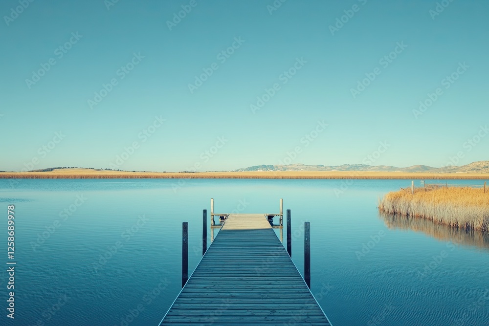 Fototapeta premium A panoramic view of a solar farm with rows of solar panels under a clear blue sky, showcasing sustainable energy, 