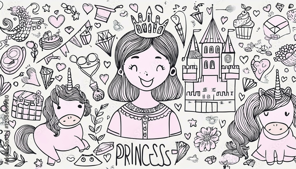 Hand drawn princess doodle set. Beauty cute girl princess accessories, fairy unicorn, castle. Doodle background. perfect any project. Hand drawn princess doodle set. Beauty cute girl princess accessories, fairy unicorn, castle. Doodle background. perfect any project.