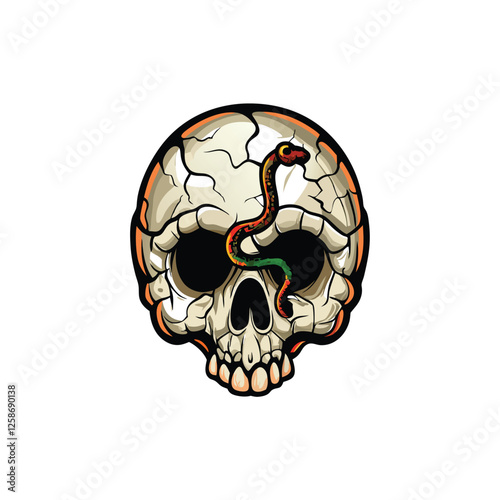 Illustrate a detailed, cracked human skull with a venomous snake, possibly a viper, crawling across its fractured surface; focus on dark, gritty realism.