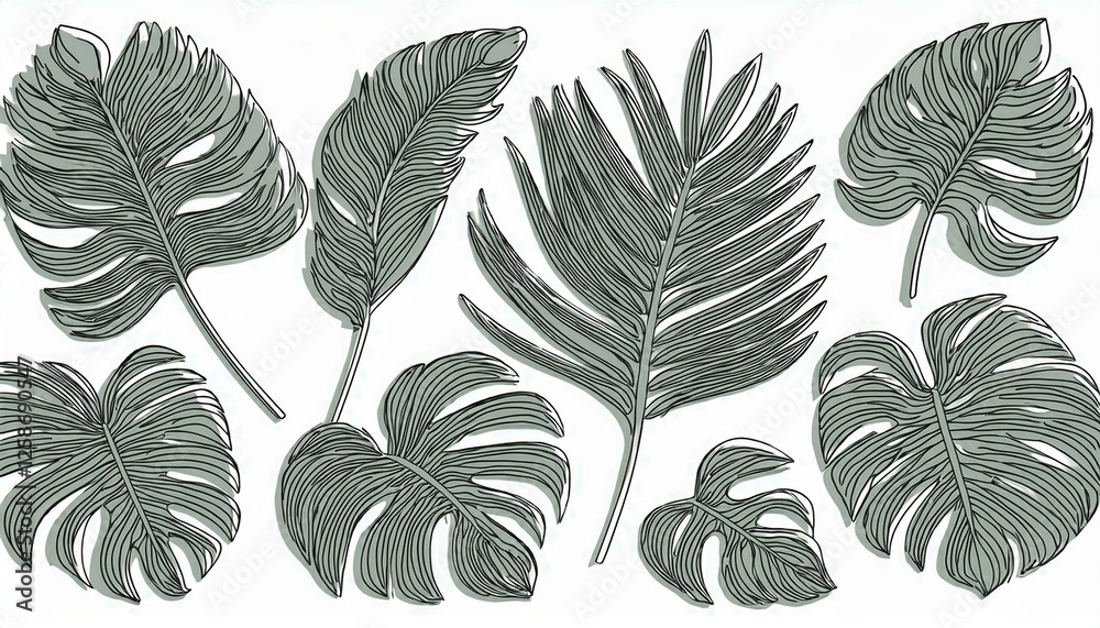 Fototapeta premium Outline tropic palm leaf set. One continuous line art tropic tree leaves. Editable stroke monstera, jungle foliage floral element. Isolated perfect any project.