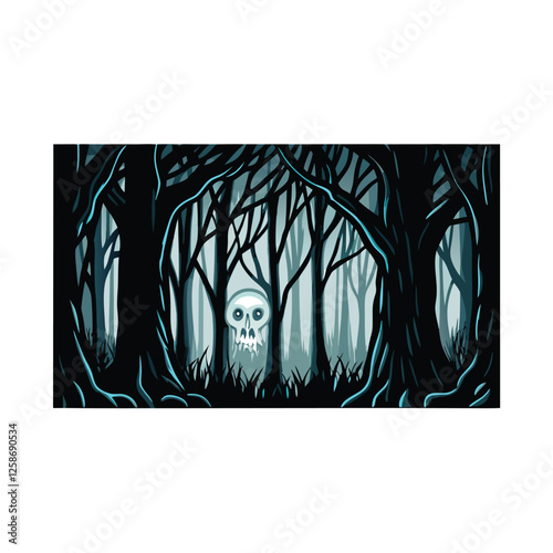 Illustrate a dark, atmospheric forest scene at twilight, featuring a translucent, ghostly SKU (a mythical creature) subtly integrated into the environment.