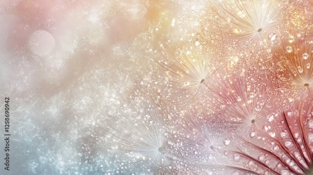 Fototapeta premium Dreamy Dandelion Seeds with Dew Drops: A Pastel Paradise