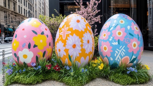 Three large, colorful Easter eggs rest beautifully on a vibrant flower bed, showcasing artistic designs and the spirit of the festive season. photo