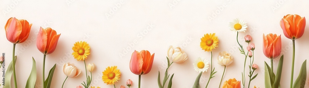 Naklejka premium A colorful arrangement of tulips and daisies against a soft background, showcasing nature's beauty and springtime freshness.
