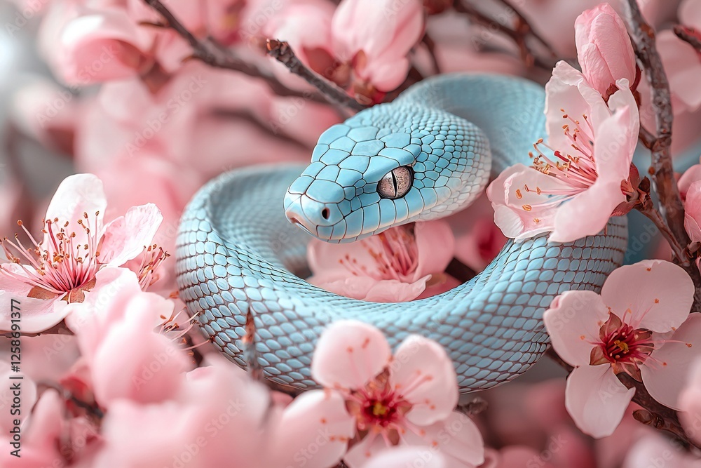 Fototapeta premium Serene Light Blue Snake Coiled Amidst Delicate Pink Blossom Branches