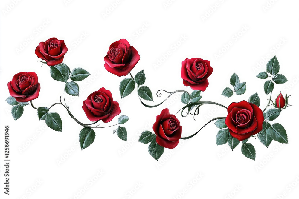 Naklejka premium Red roses elegantly arranged with green leaves on a white background for decorative purposes