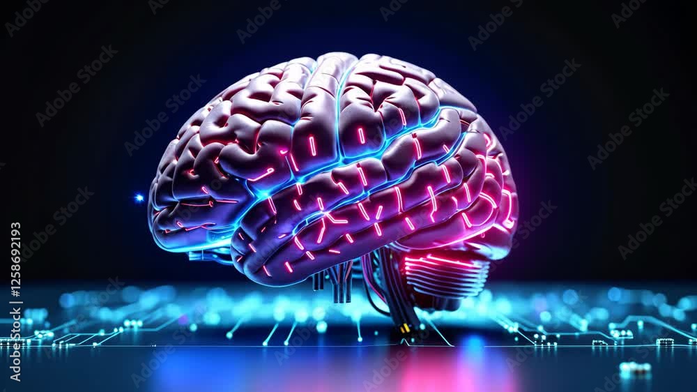 4k frame of digital brain all in flashing neon lights