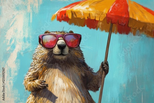 A humorous cartoon depicts a beaver standing under an umbrella, wearing sunglasses and enjoying a sunny day at the beach