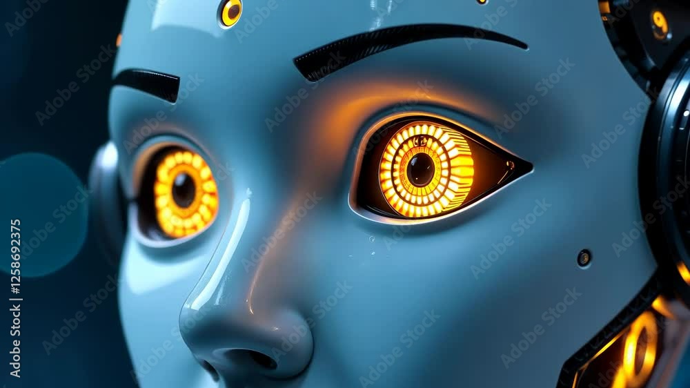 yellow eyes of a modern robot close up