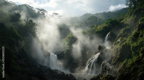 Wallpaper Mural Misty Waterfall Cascades Through Lush Green Mountains Torontodigital.ca