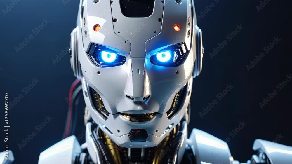 4k frame of a robot portrait with blue eyes that light up 4k frame of a robot portrait with blue eyes that light up