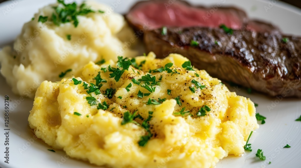 Savory meat served with creamy mashed potatoes for a hearty and satisfying meal Savory meat served with creamy mashed potatoes for a hearty and satisfying meal