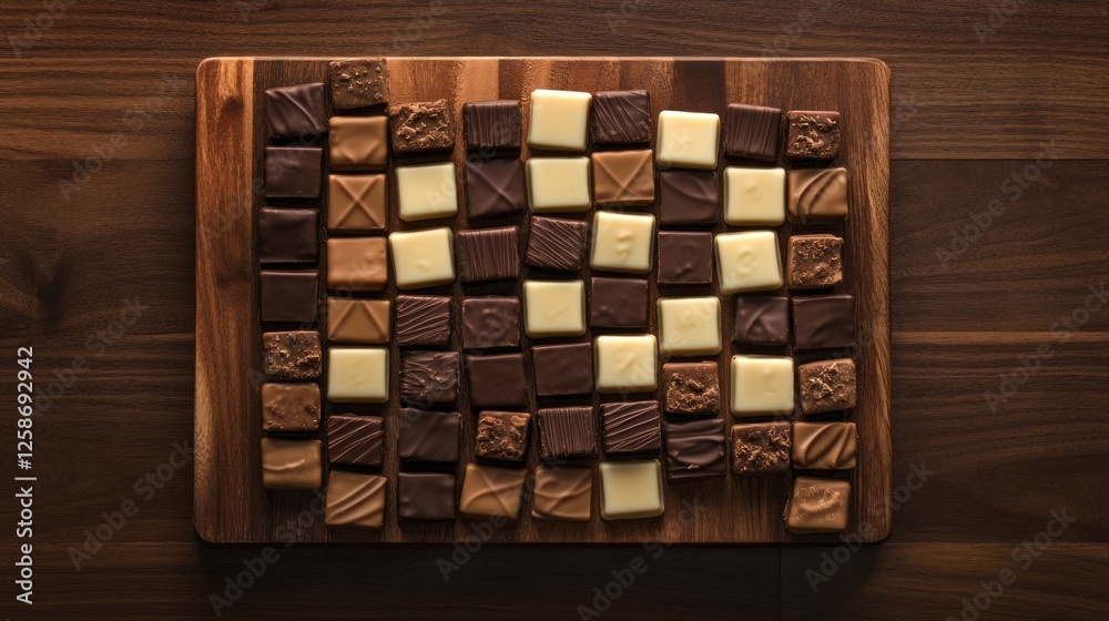Assorted chocolates arranged on wooden board Assorted chocolates arranged on wooden board