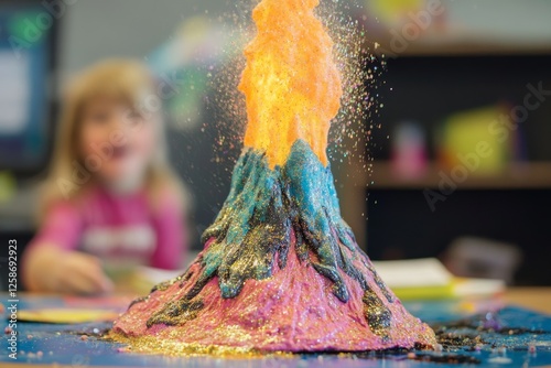 Vibrant erupting volcano experiment with child in background