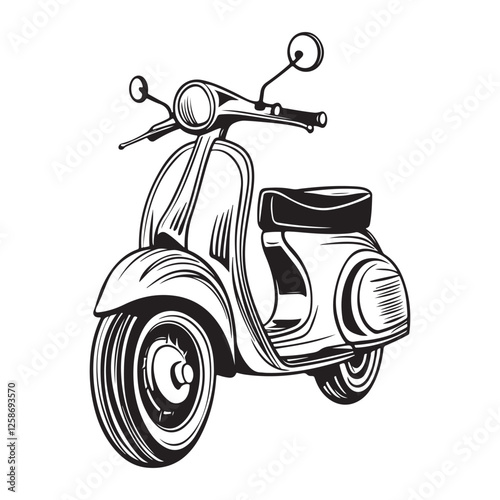 Old Fashioned Motor Scooter – Retro Travel Vector, Scooter Line Art