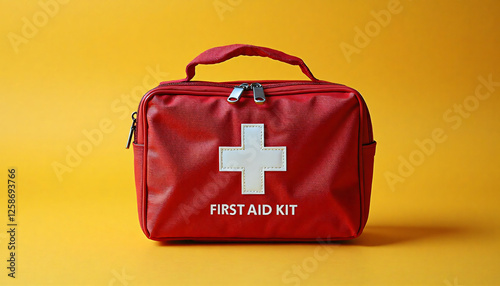 Red first aid kit on yellow background for medical blogs and emergency awareness
