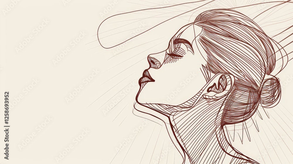 A delicate line-art illustration of a woman in profile, her eyes closed and head tilted upwards, conveying serenity, introspection, and grace. AI generated.