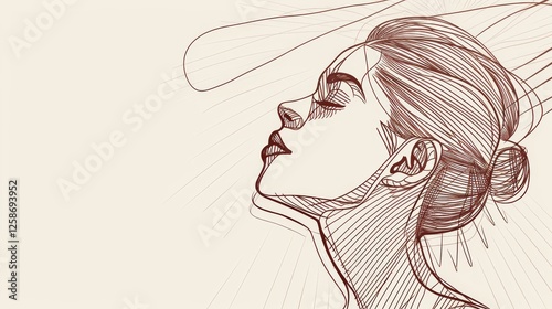 Obraz na płótnie A delicate line-art illustration of a woman in profile, her eyes closed and head tilted upwards, conveying serenity, introspection, and grace. AI generated. w salonie