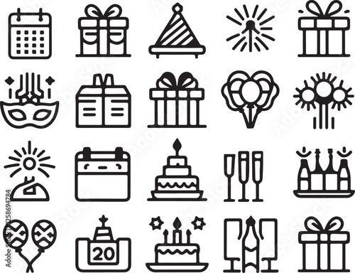 Event thin line icon set. Containing calendar, confetti, decoration, present, fireworks, masks, balloons, cake, ticket, drinks, champagne, celebration, and party.eps